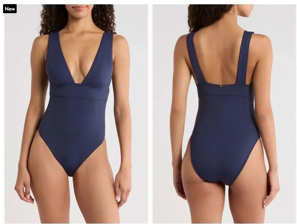 NWOT Lauren Ralph Lauren Core Modern Plunge V-Neck  One Piece Swimsuit 14 Navy